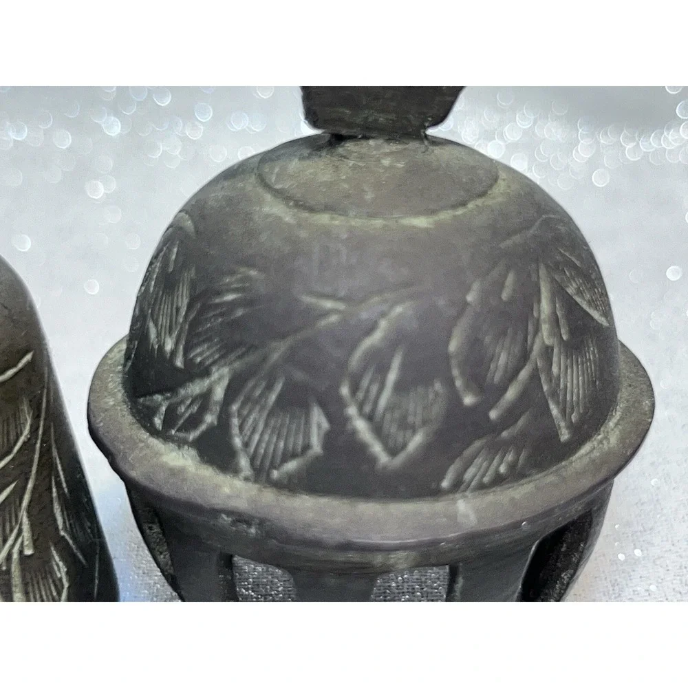 1 CLAW AND 2 BRASS HAND ETCHED BELLS FROM INDIA ALL ARE 2